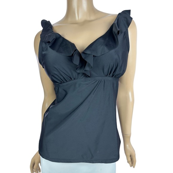 DKNY Black Tankini Swim Top Size L Built in Padded Bra Adjustable Straps Ruffled - Picture 1 of 5
